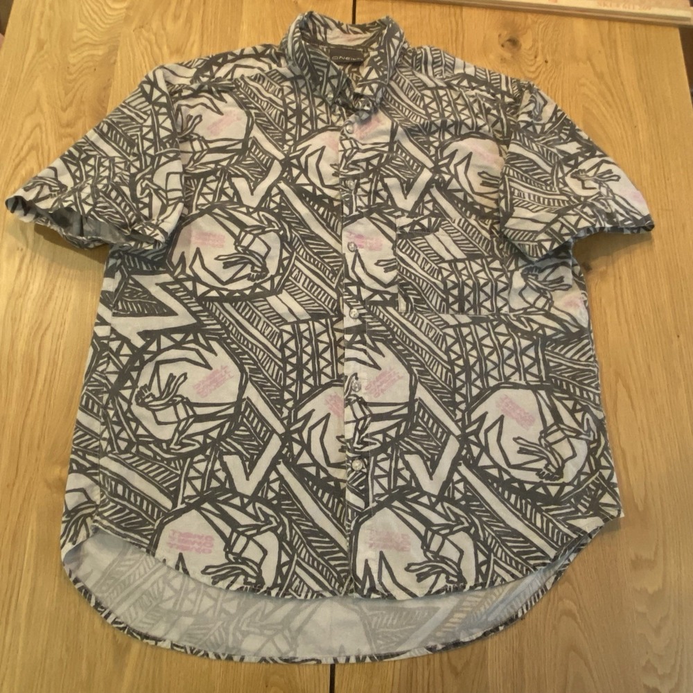 O'Neill button up shirt Men's Large Geometric AOP Black Pink Y2K Surf Skate